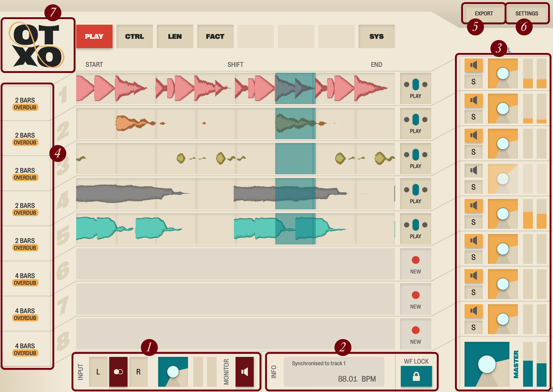 Annotated screenshot of the otxo interface
