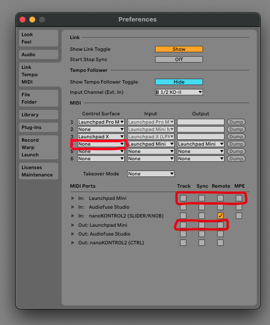 Ableton Live midi configuration example screenshot